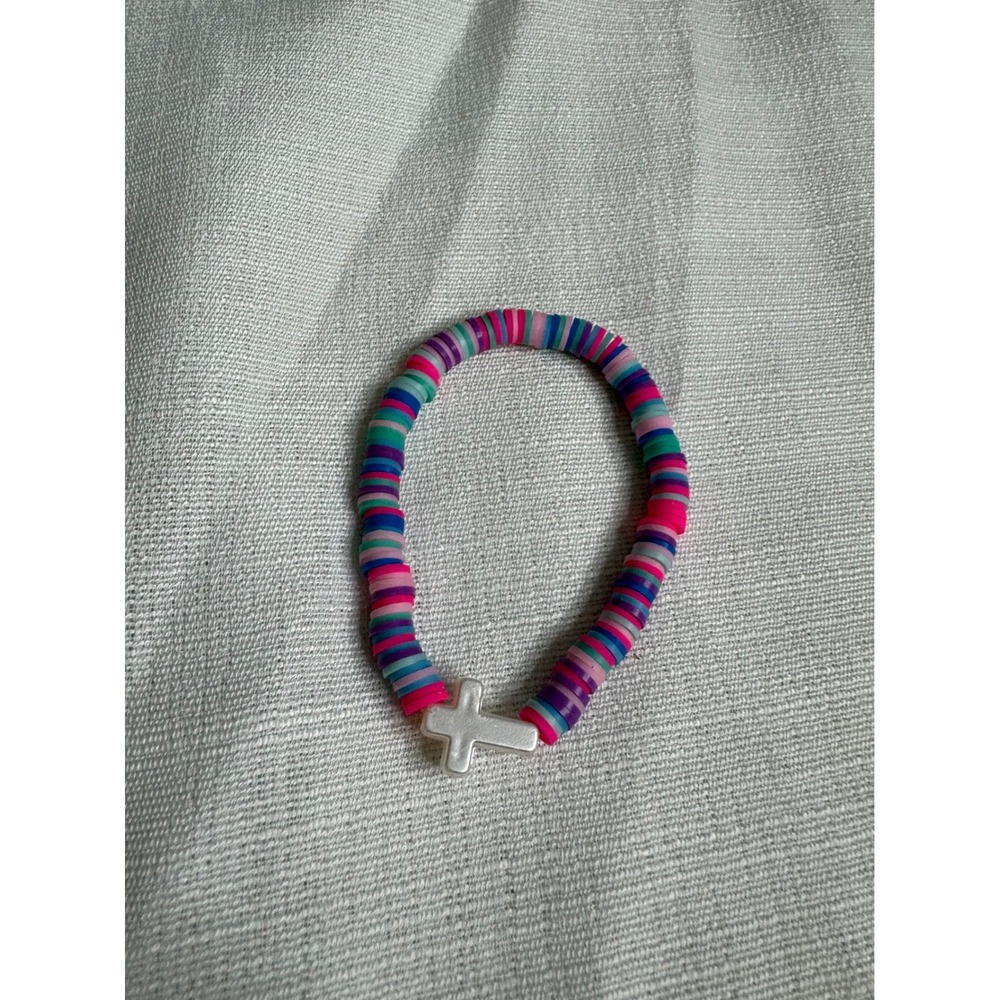 Handmade Multi-Color Heishi Clay Bead Stretch Bracelet with Silver Cross Charm